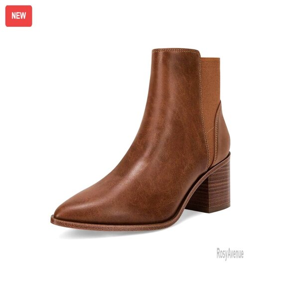 Shoes - Pointed Toe Ankle Boots Elastic Chunky Block Heel Slip On Chelsea Booties